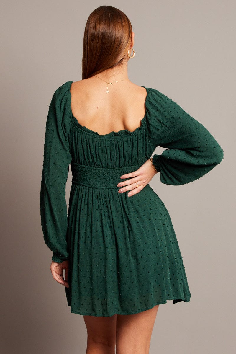 Green Fit And Flare Dress Long Sleeve Mini for Ally Fashion