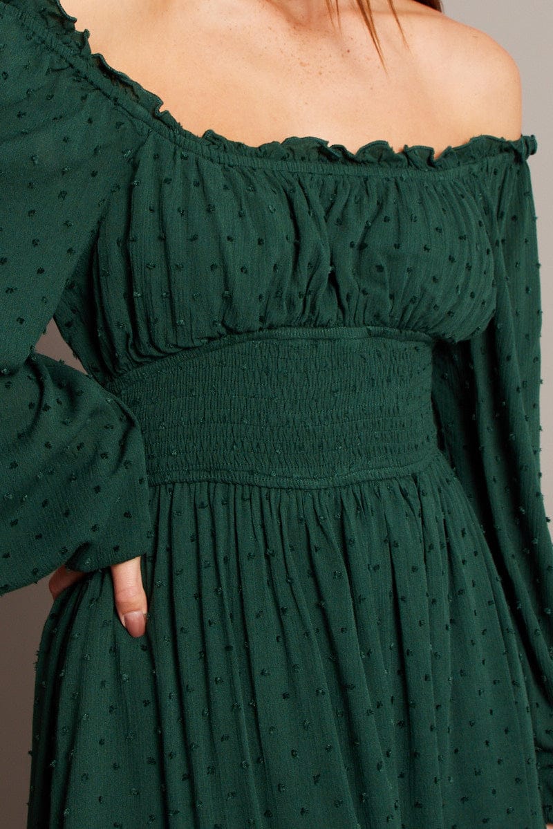 Green Fit And Flare Dress Long Sleeve Mini for Ally Fashion