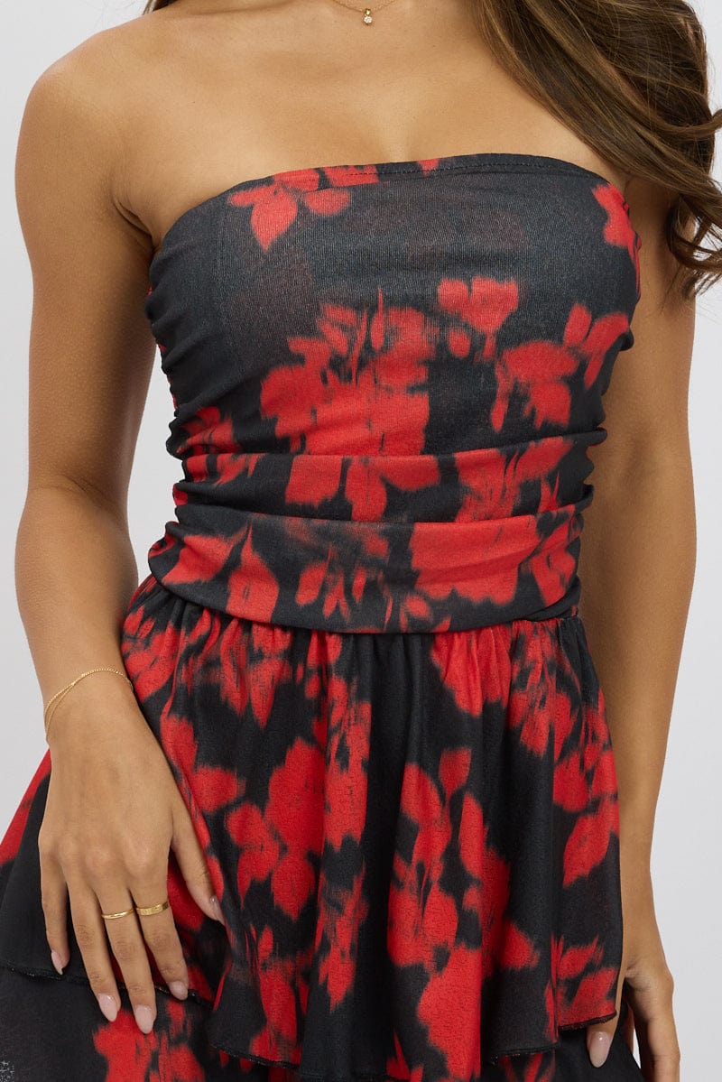 Black Floral Strapless Dress Mini for Ally Fashion