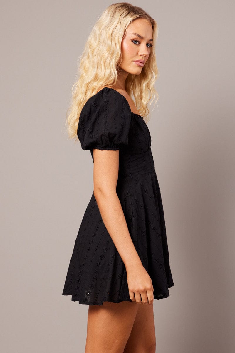 Black Fit And Flare Dress Puff Sleeve Eyelet for Ally Fashion