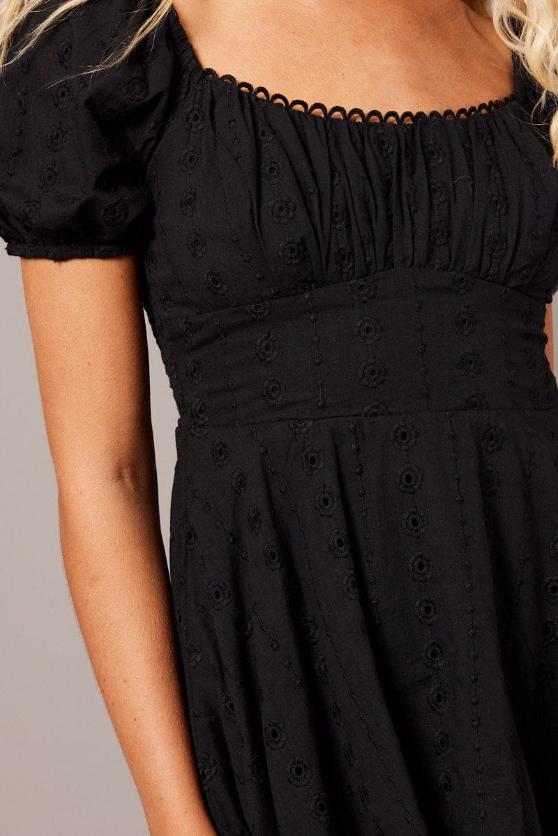 Black Fit And Flare Dress Puff Sleeve Eyelet for Ally Fashion