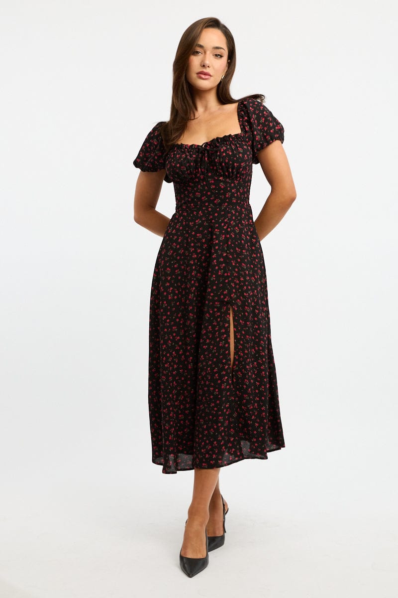 Black Ditsy Midi Dress Puff Sleeve for Ally Fashion