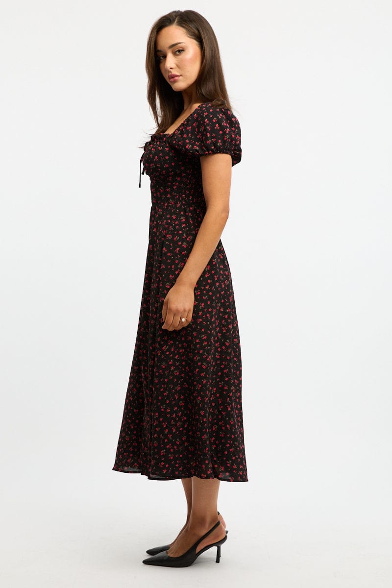 Black Ditsy Midi Dress Puff Sleeve for Ally Fashion