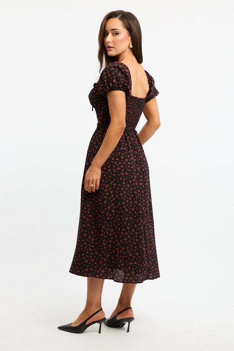 Black Ditsy Midi Dress Puff Sleeve for Ally Fashion