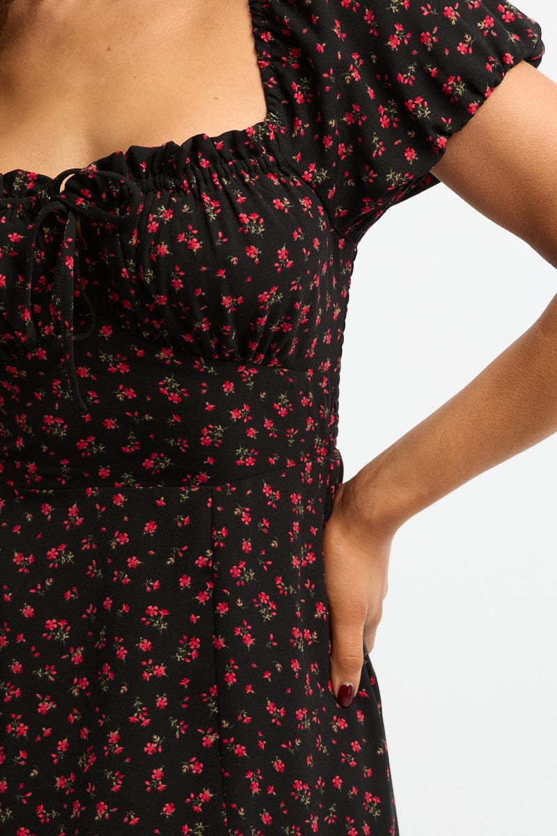 Black Ditsy Midi Dress Puff Sleeve for Ally Fashion
