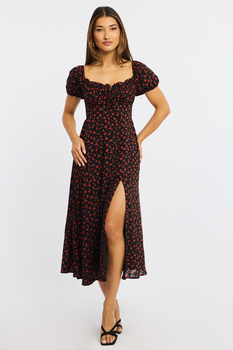 Black Ditsy Midi Dress Puff Sleeve for Ally Fashion