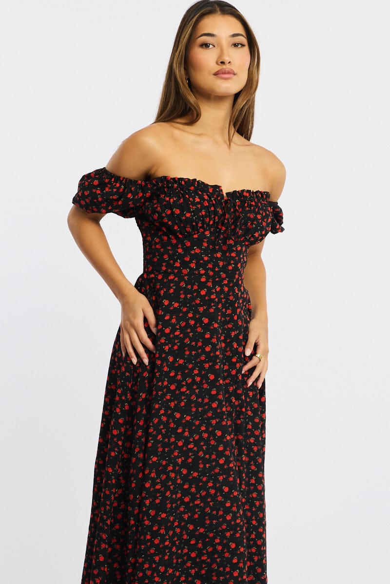 Black Ditsy Midi Dress Puff Sleeve for Ally Fashion