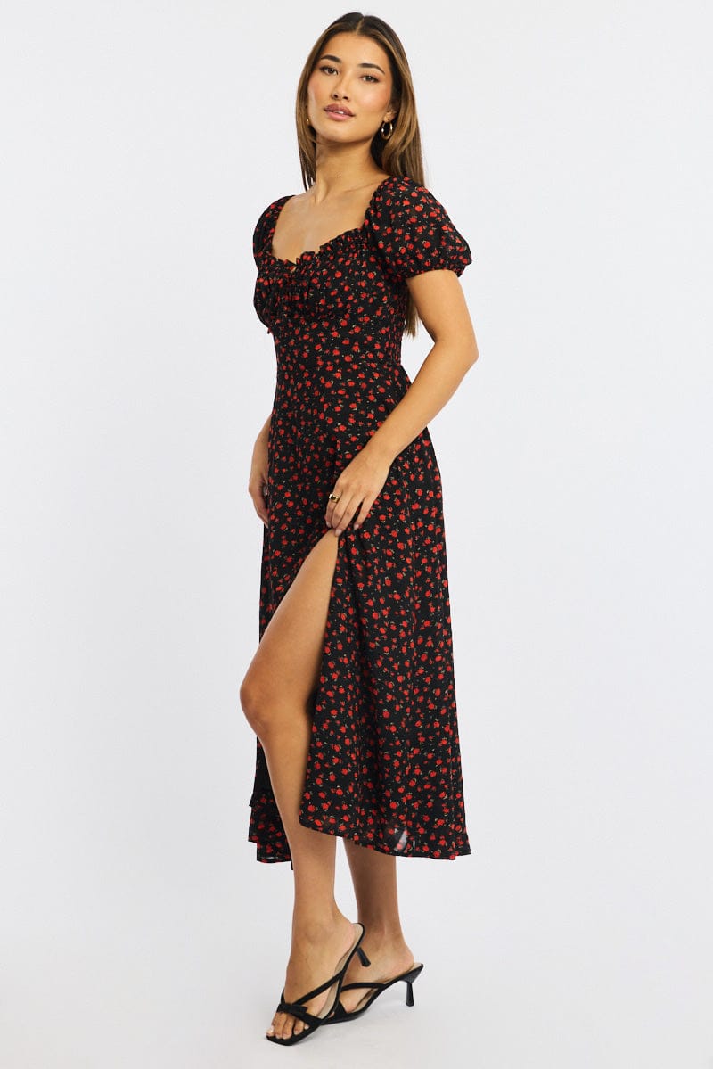 Black Ditsy Midi Dress Puff Sleeve for Ally Fashion