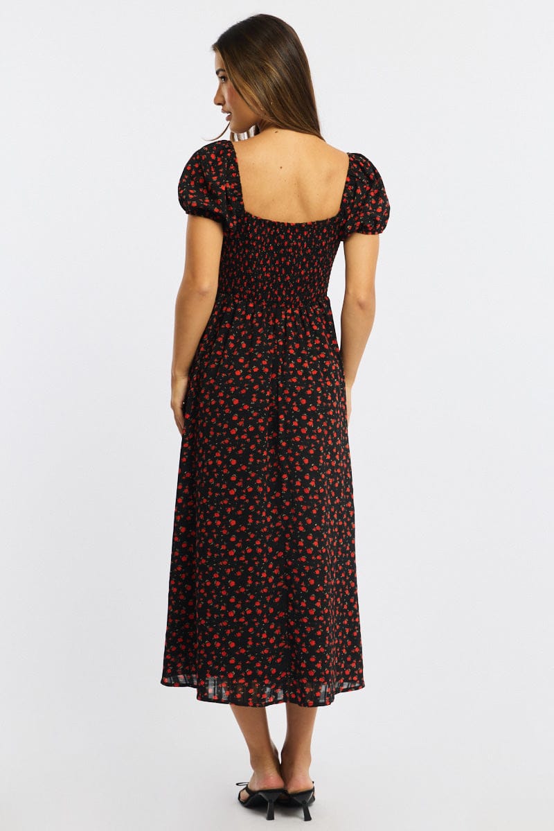 Black Ditsy Midi Dress Puff Sleeve for Ally Fashion