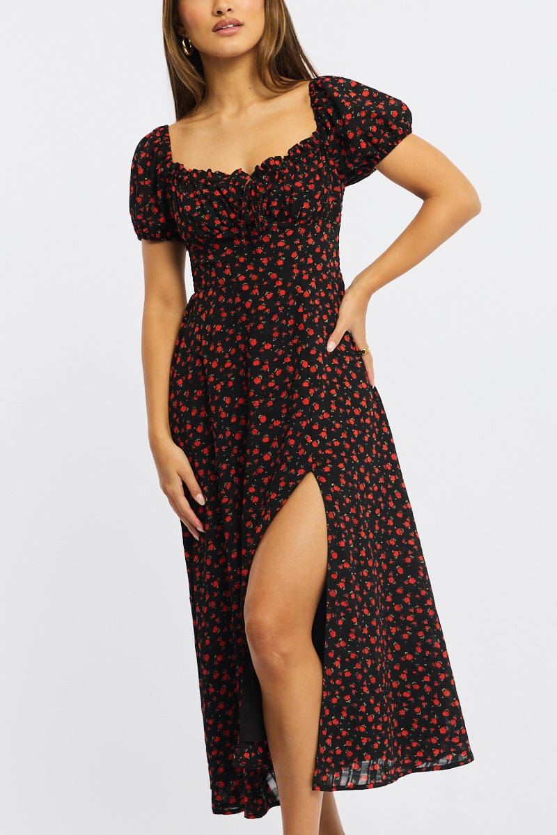 Black Ditsy Midi Dress Puff Sleeve for Ally Fashion