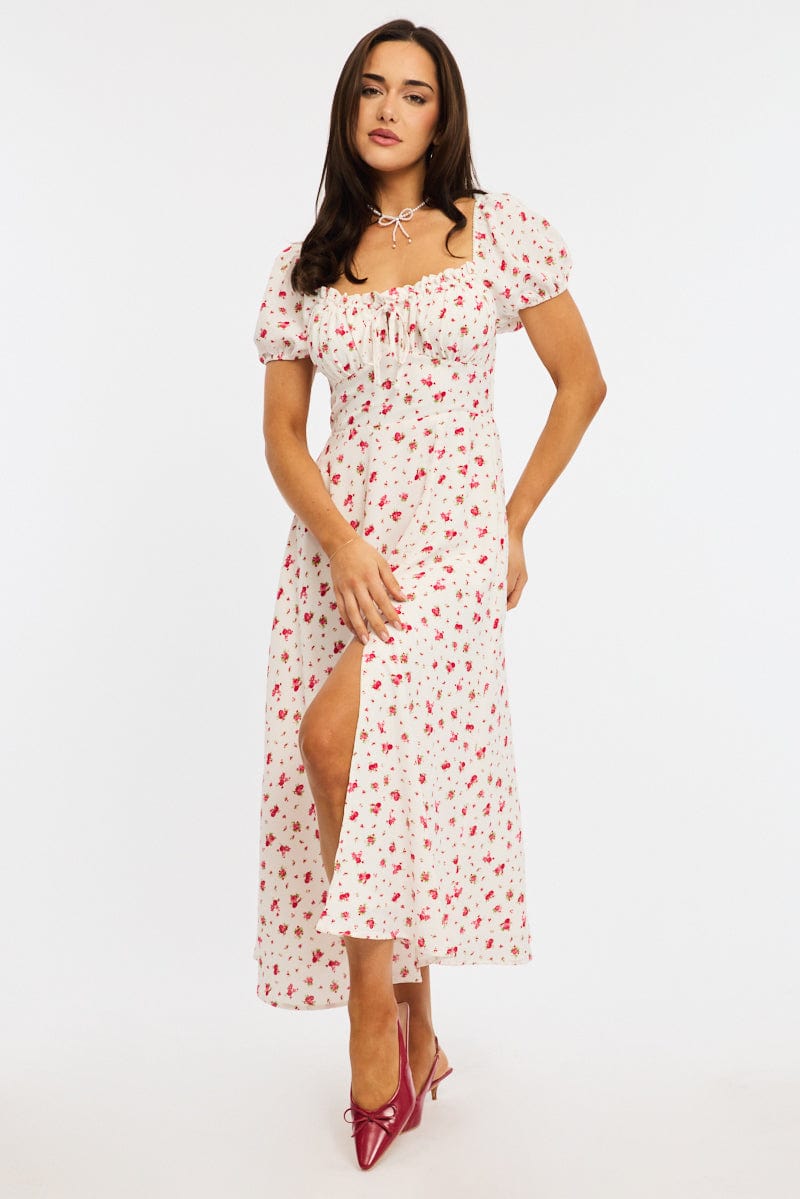 Red Ditsy Midi Dress Puff Sleeve for Ally Fashion