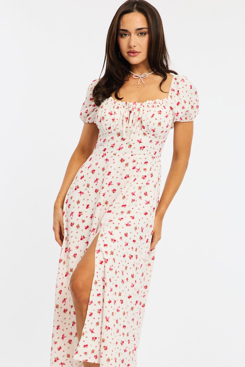 Red Ditsy Midi Dress Puff Sleeve for Ally Fashion