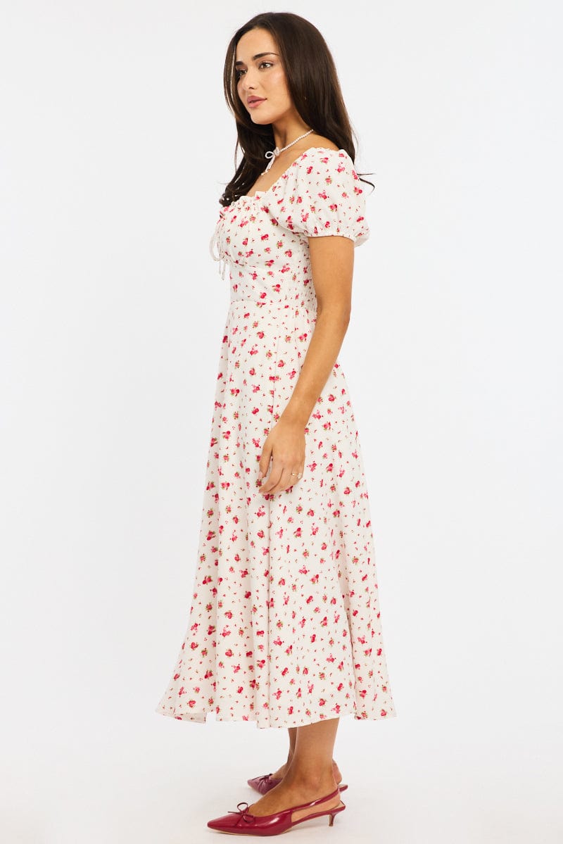 Red Ditsy Midi Dress Puff Sleeve for Ally Fashion