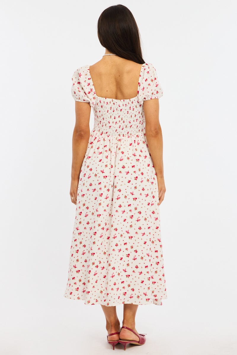 Red Ditsy Midi Dress Puff Sleeve for Ally Fashion