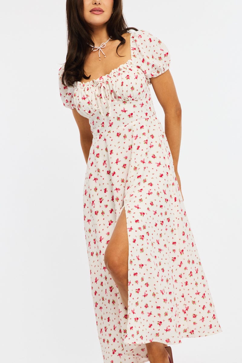 Red Ditsy Midi Dress Puff Sleeve for Ally Fashion