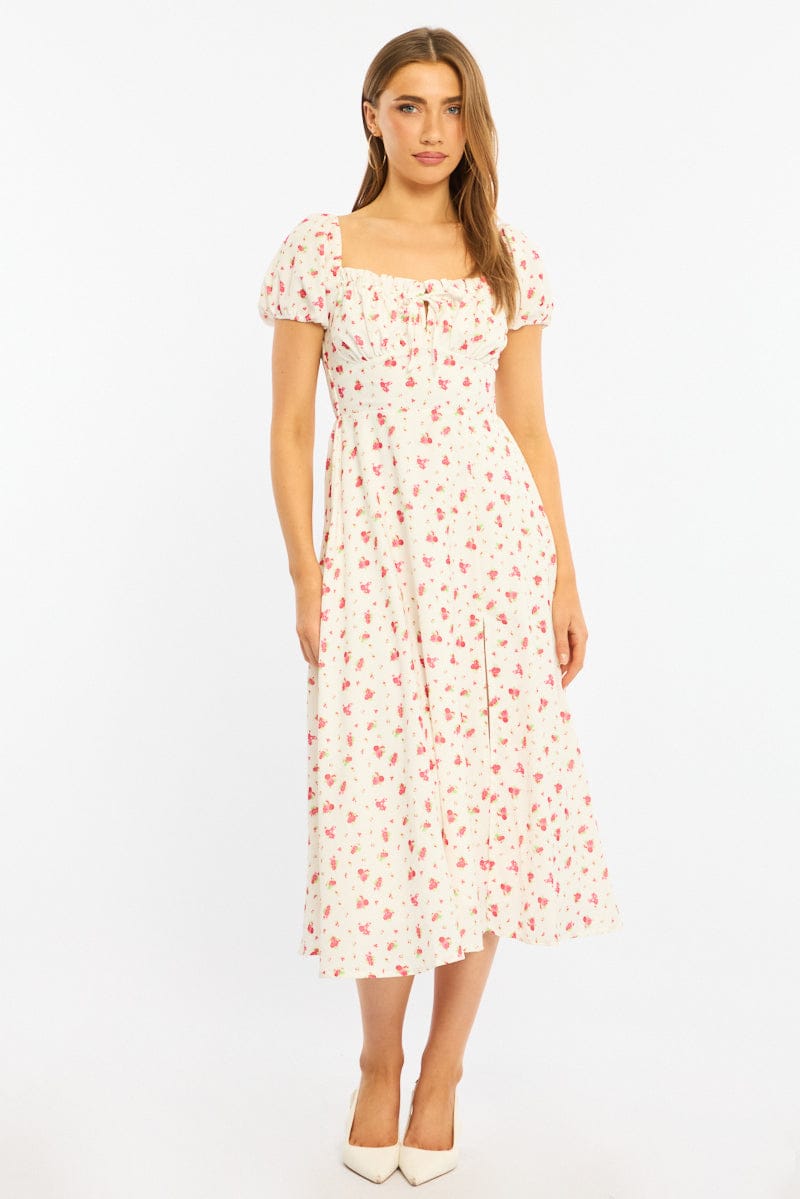 Red Ditsy Midi Dress Puff Sleeve for Ally Fashion