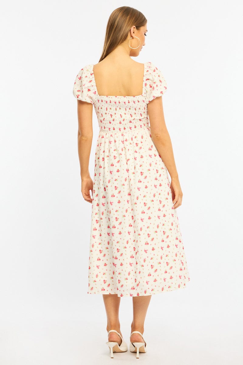 Red Ditsy Midi Dress Puff Sleeve for Ally Fashion