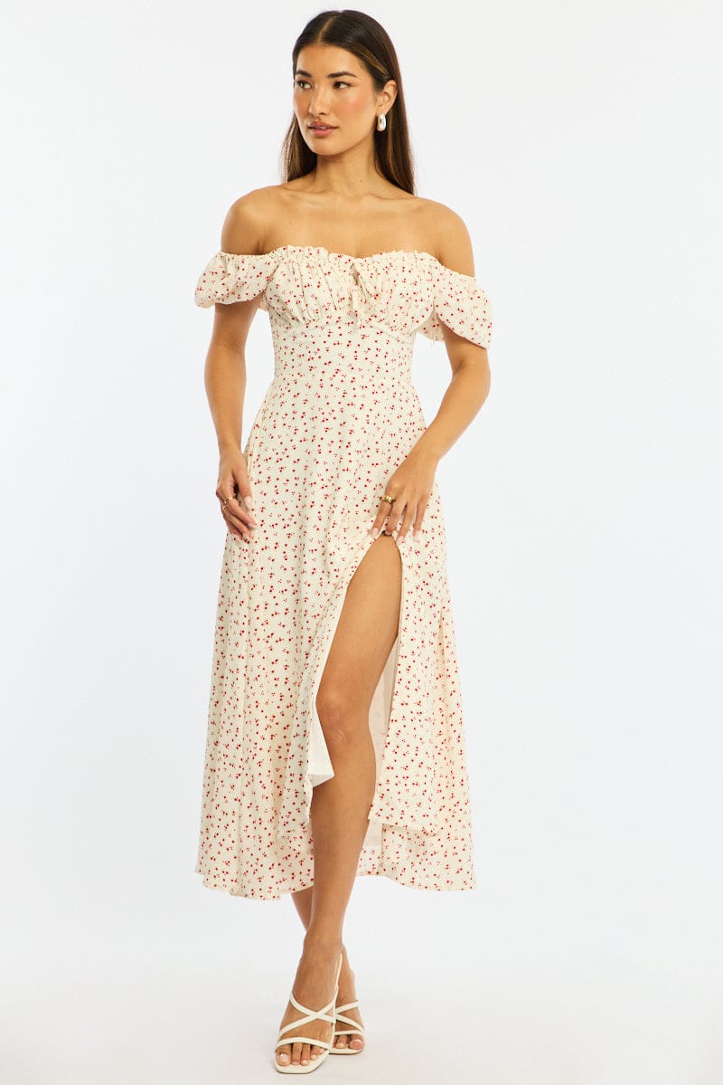 White Ditsy Midi Dress Puff Sleeve for Ally Fashion