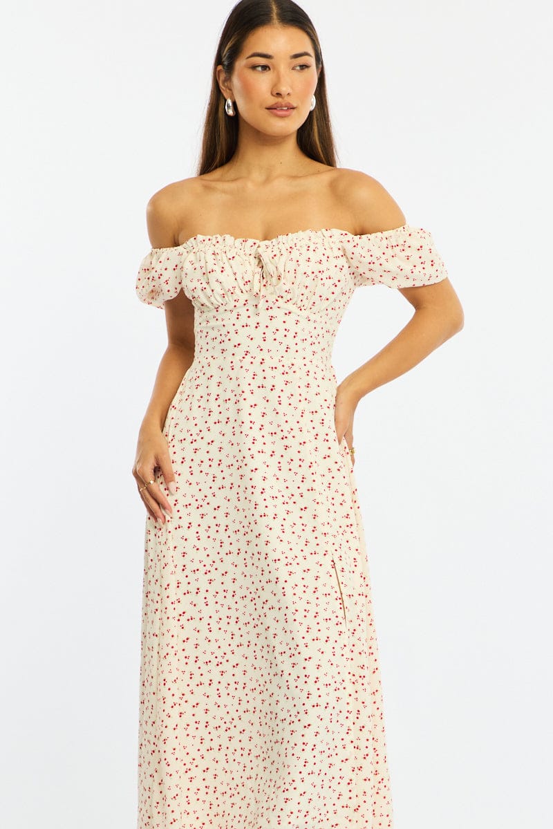 White Ditsy Midi Dress Puff Sleeve for Ally Fashion