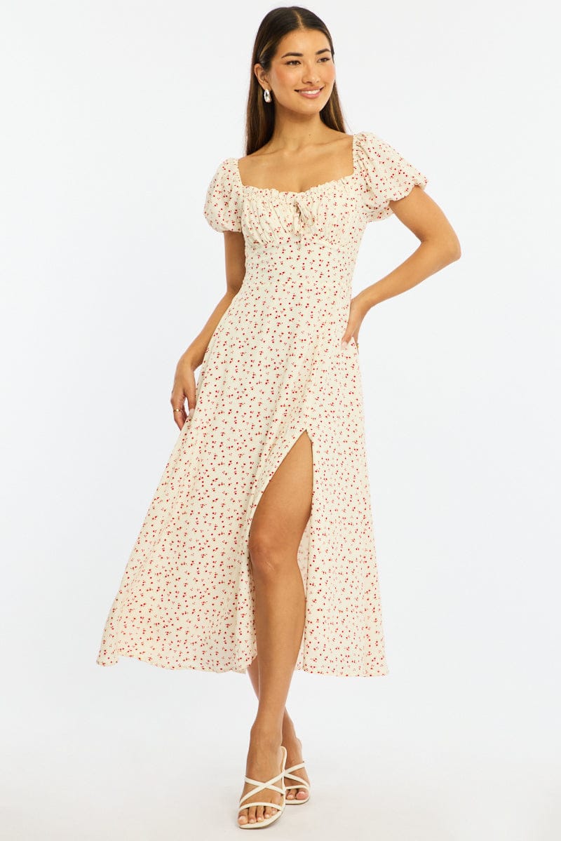 White Ditsy Midi Dress Puff Sleeve for Ally Fashion