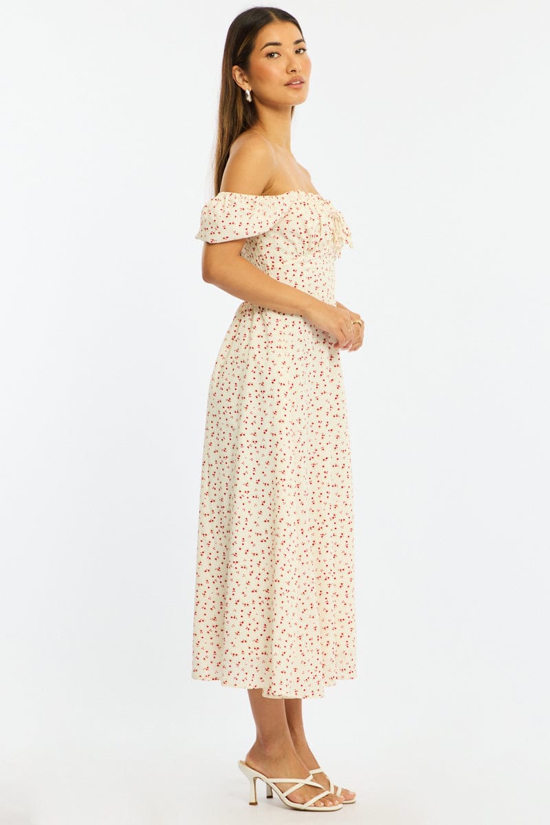 White Ditsy Midi Dress Puff Sleeve for Ally Fashion