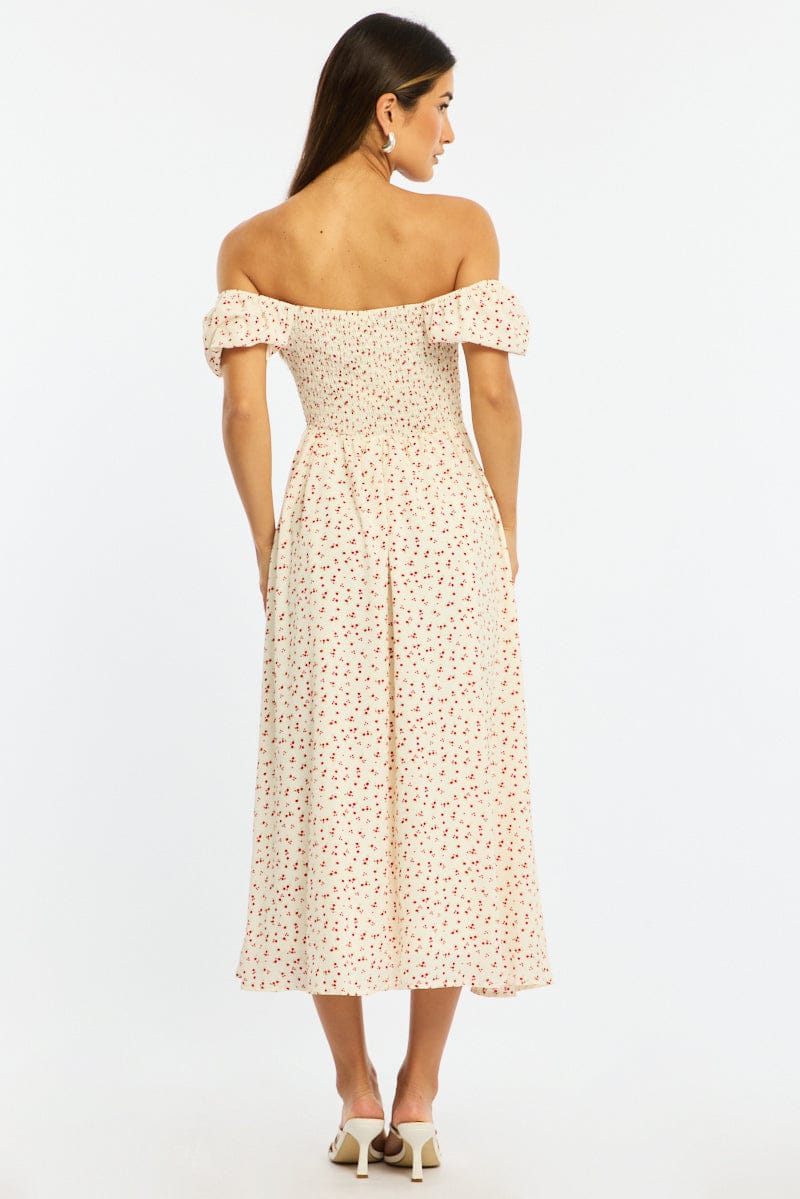 White Ditsy Midi Dress Puff Sleeve for Ally Fashion