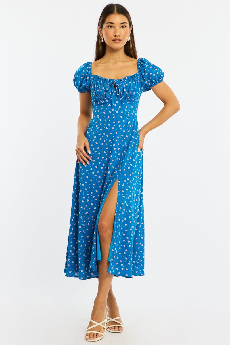 Blue Ditsy Midi Dress Puff Sleeve for Ally Fashion