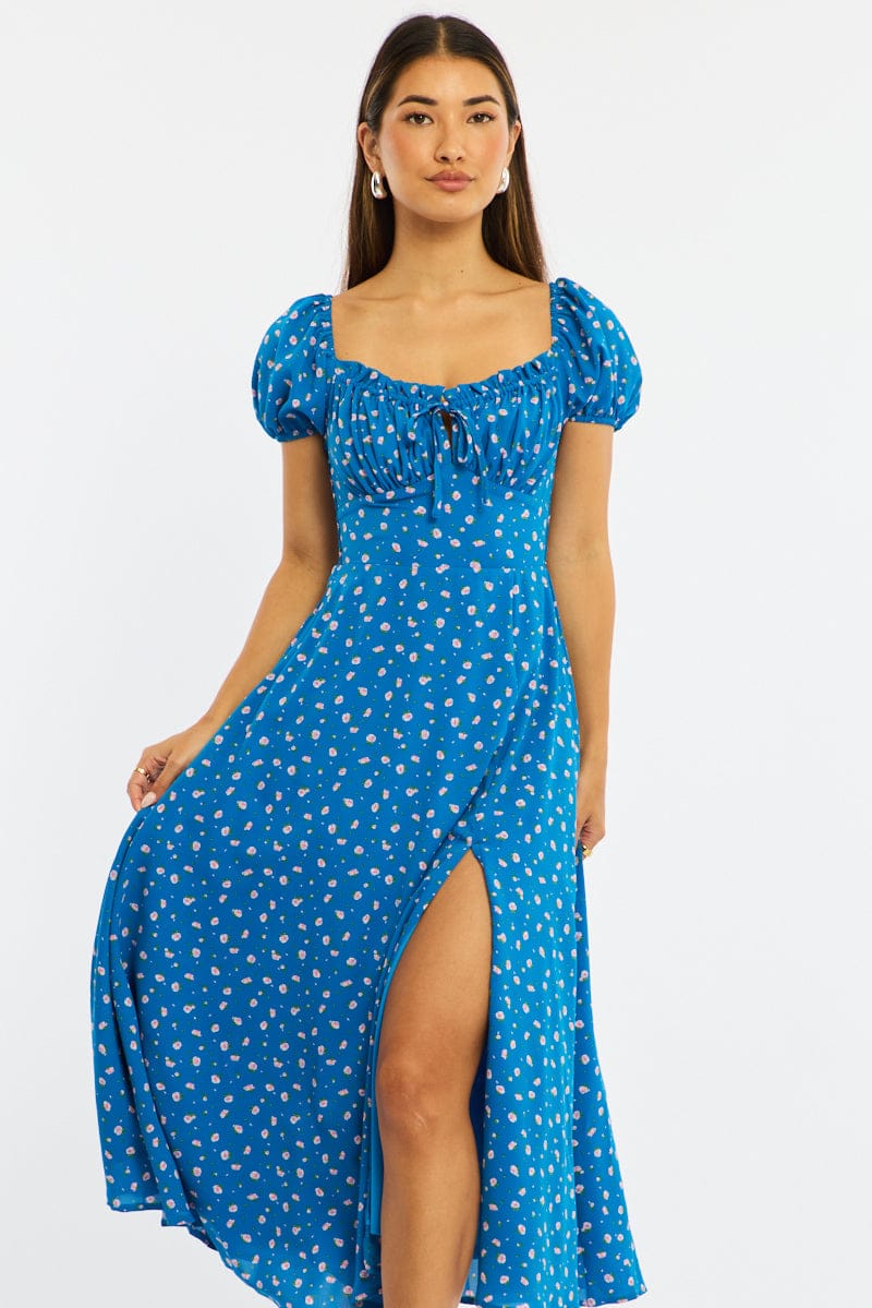 Blue Ditsy Midi Dress Puff Sleeve for Ally Fashion
