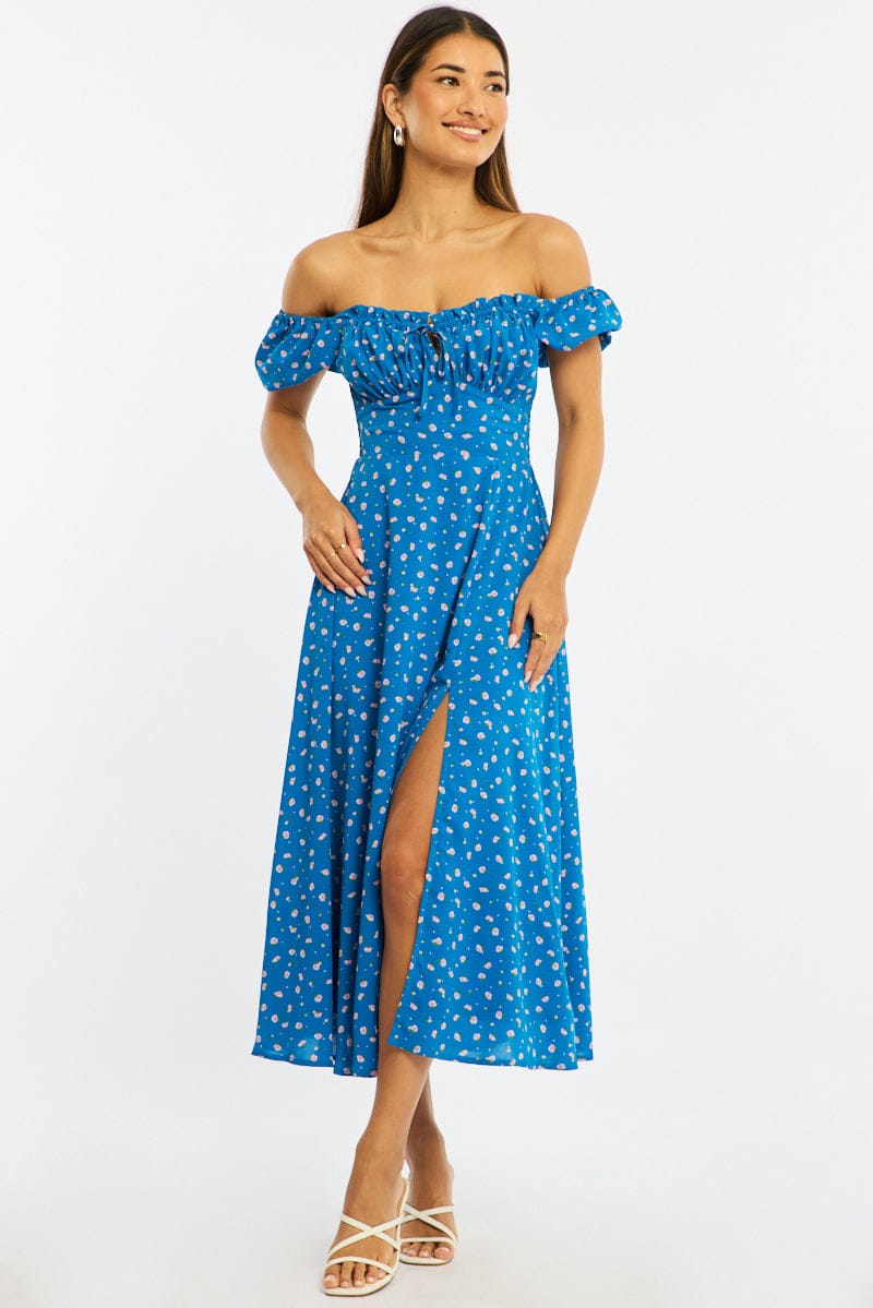 Blue Ditsy Midi Dress Puff Sleeve for Ally Fashion