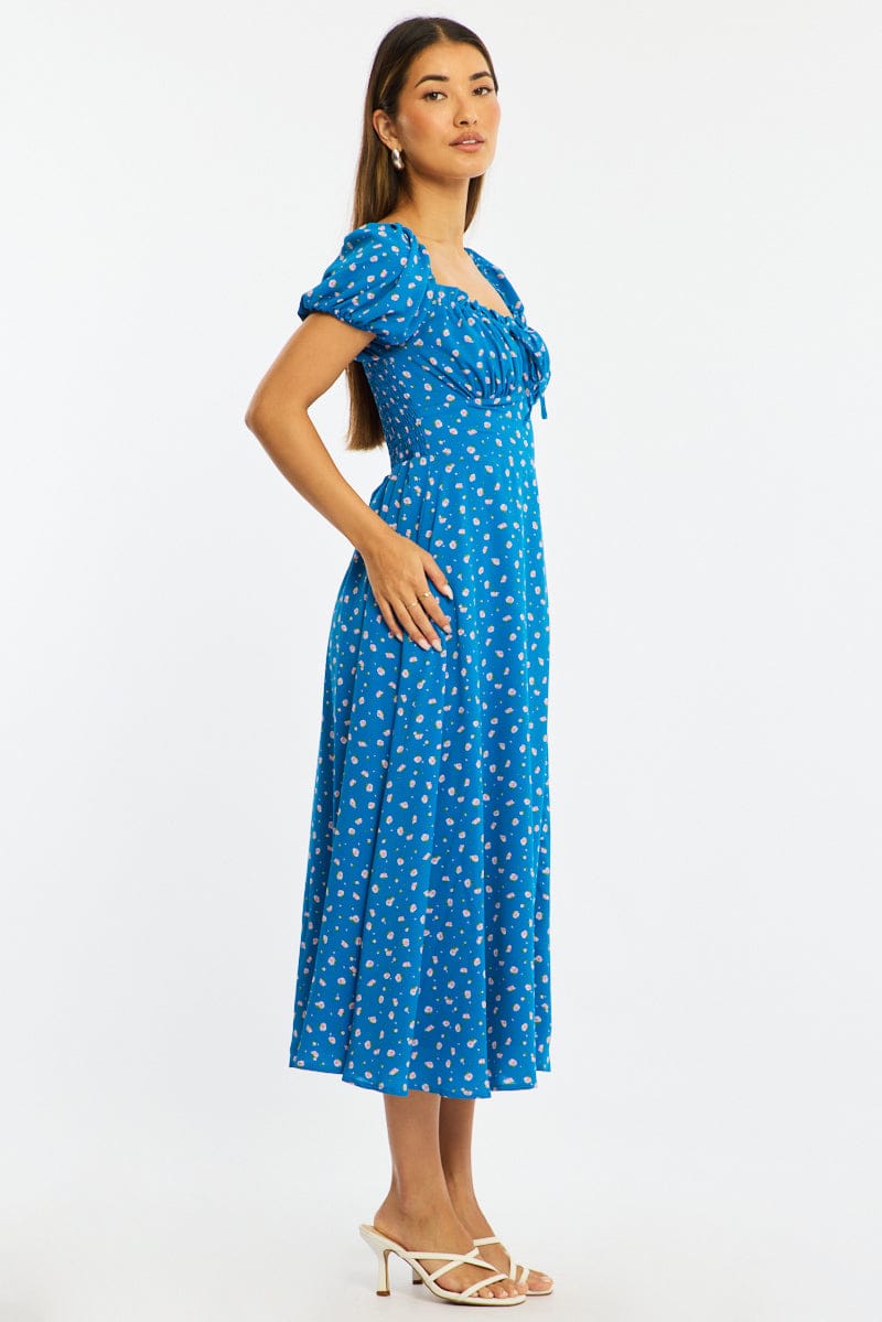 Blue Ditsy Midi Dress Puff Sleeve for Ally Fashion