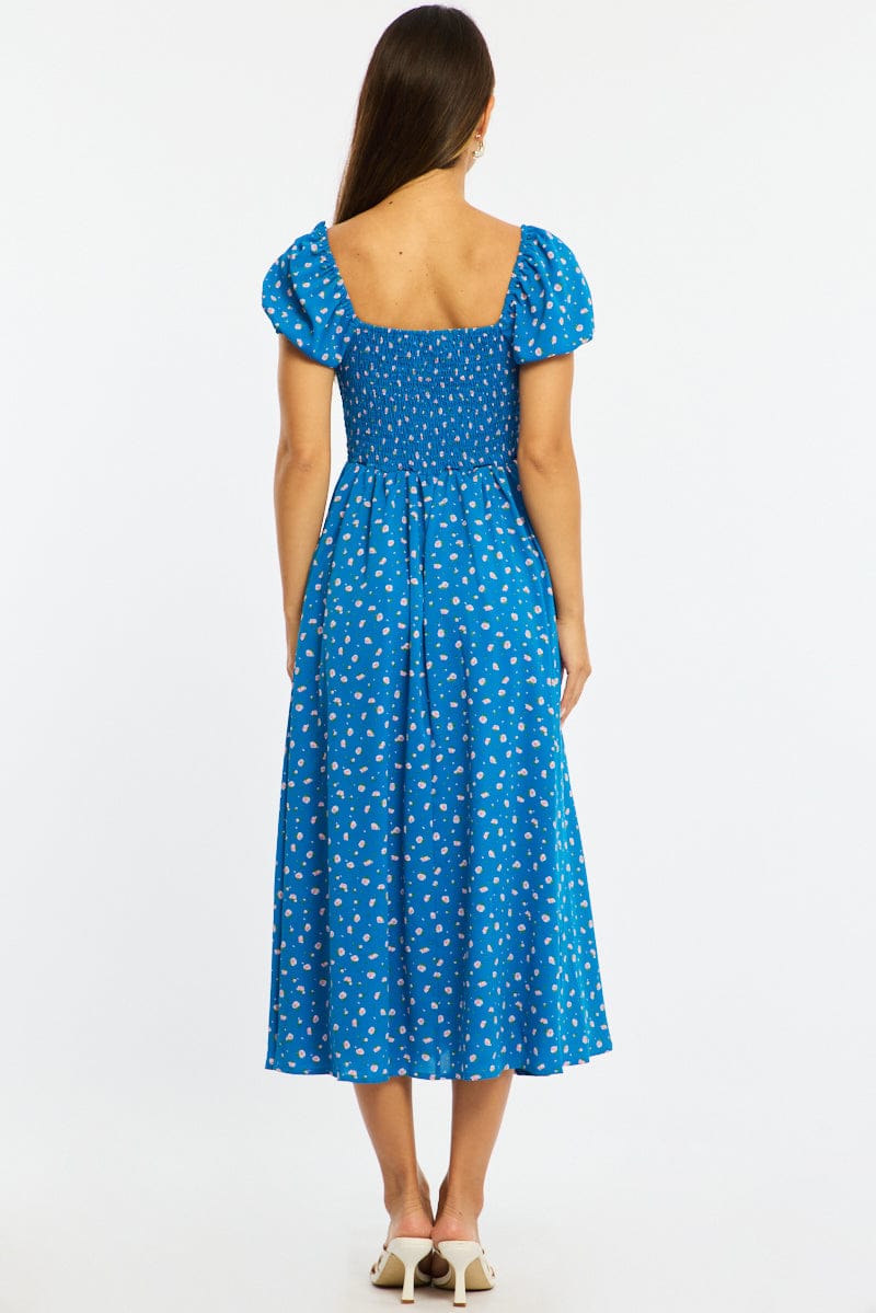 Blue Ditsy Midi Dress Puff Sleeve for Ally Fashion