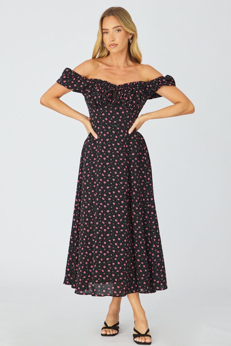 Black Ditsy Midi Dress Puff Sleeve for Ally Fashion