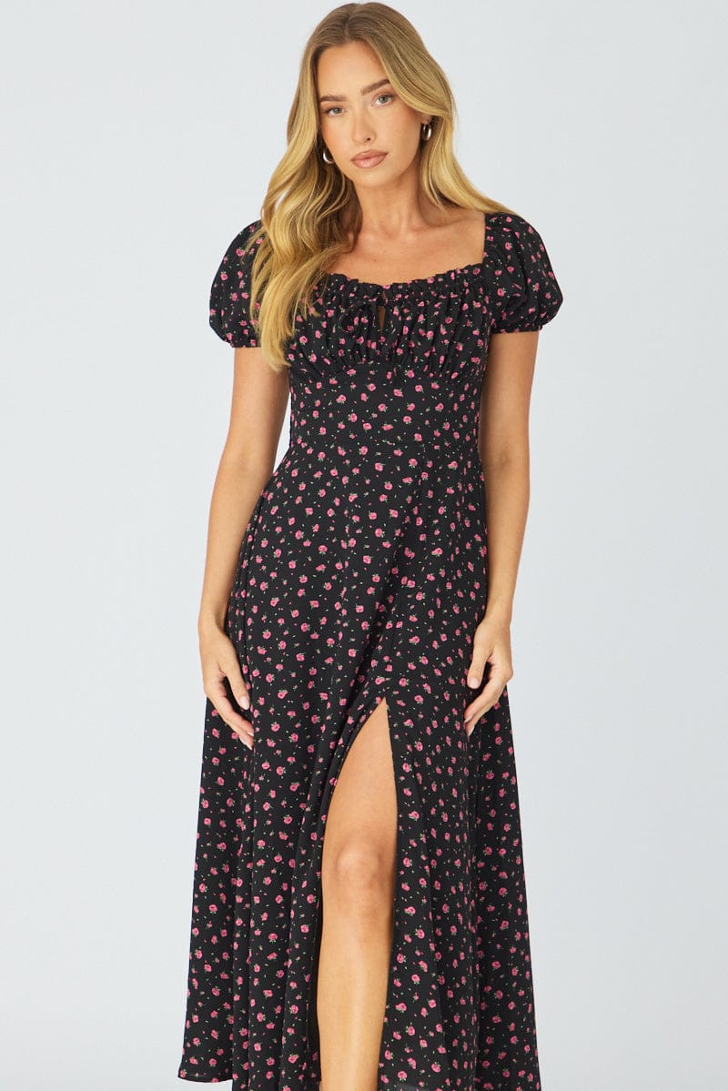 Black Ditsy Midi Dress Puff Sleeve for Ally Fashion