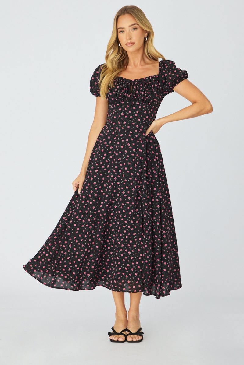 Black Ditsy Midi Dress Puff Sleeve for Ally Fashion