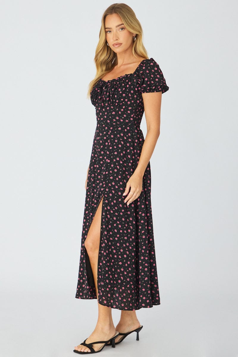 Black Ditsy Midi Dress Puff Sleeve for Ally Fashion