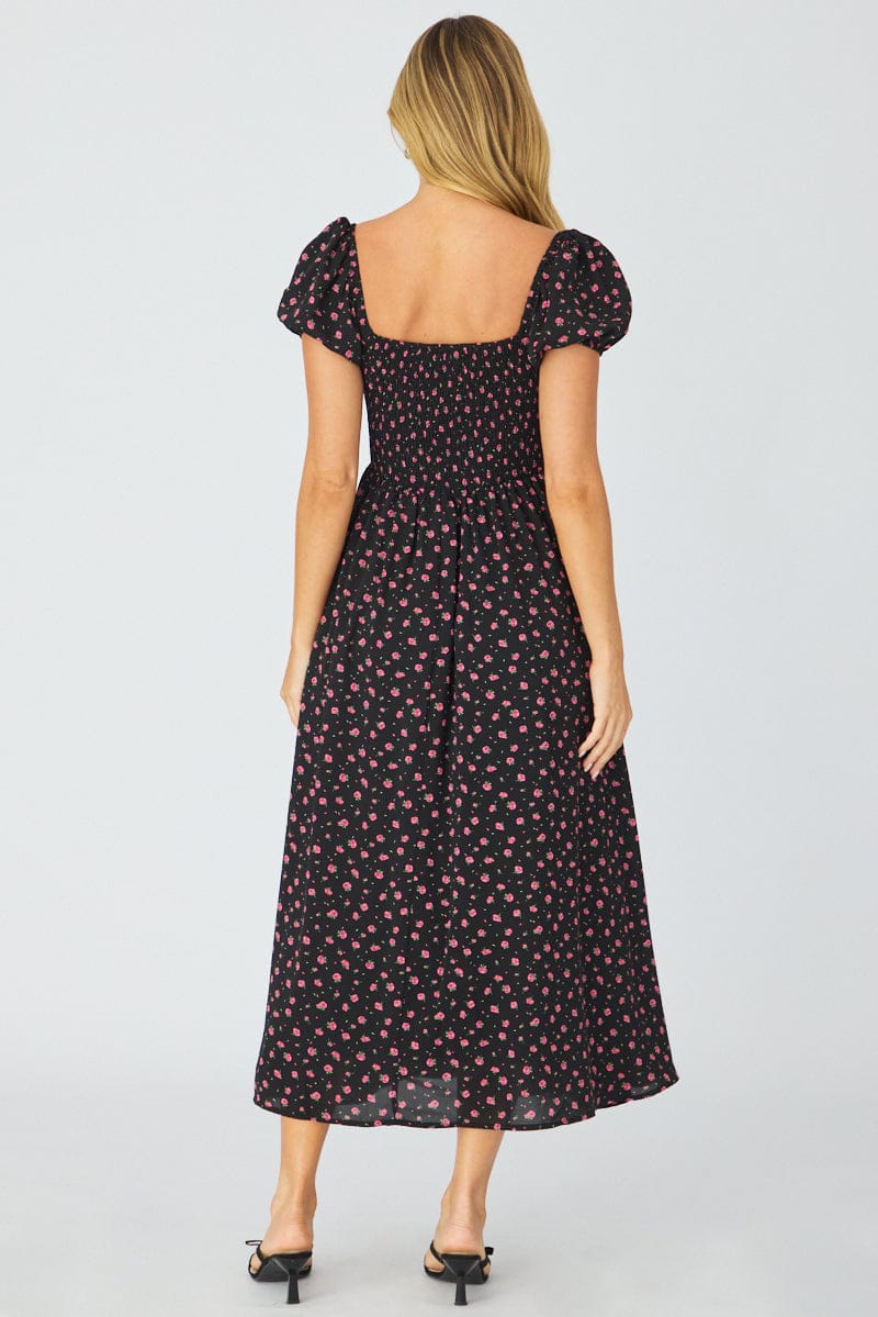 Black Ditsy Midi Dress Puff Sleeve for Ally Fashion
