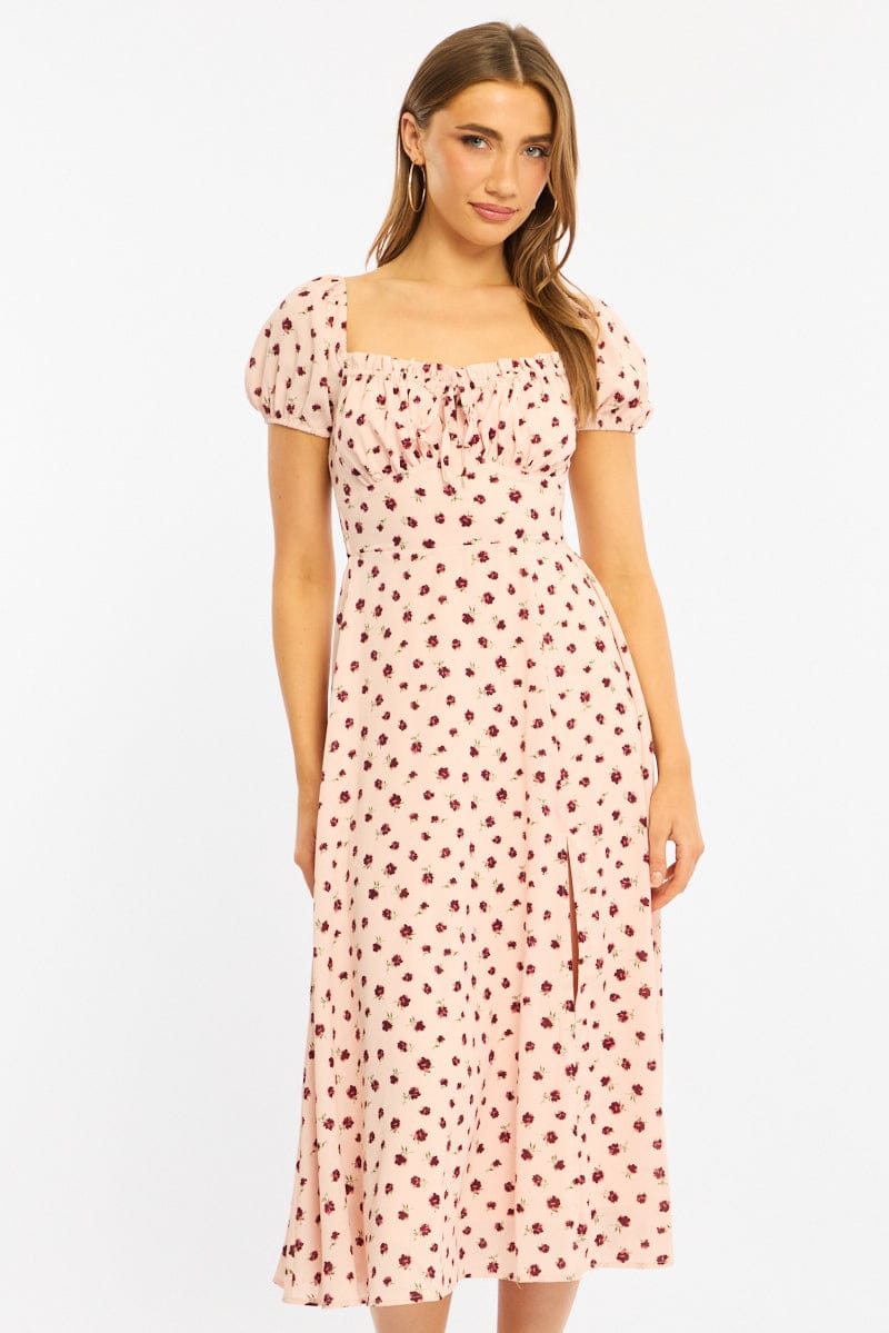 Pink Ditsy Midi Dress Puff Sleeve for Ally Fashion