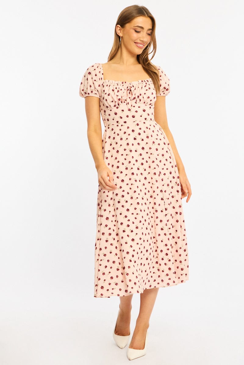 Pink Ditsy Midi Dress Puff Sleeve for Ally Fashion