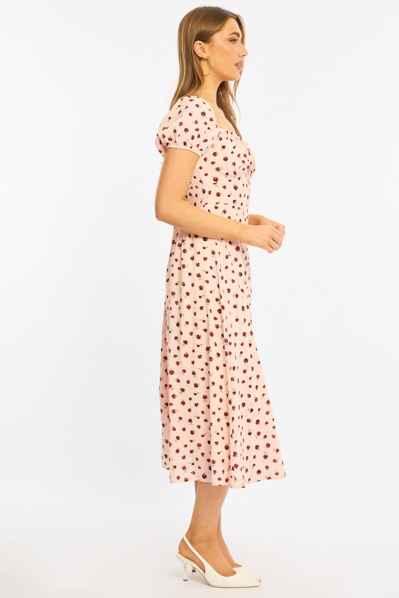 Pink Ditsy Midi Dress Puff Sleeve for Ally Fashion