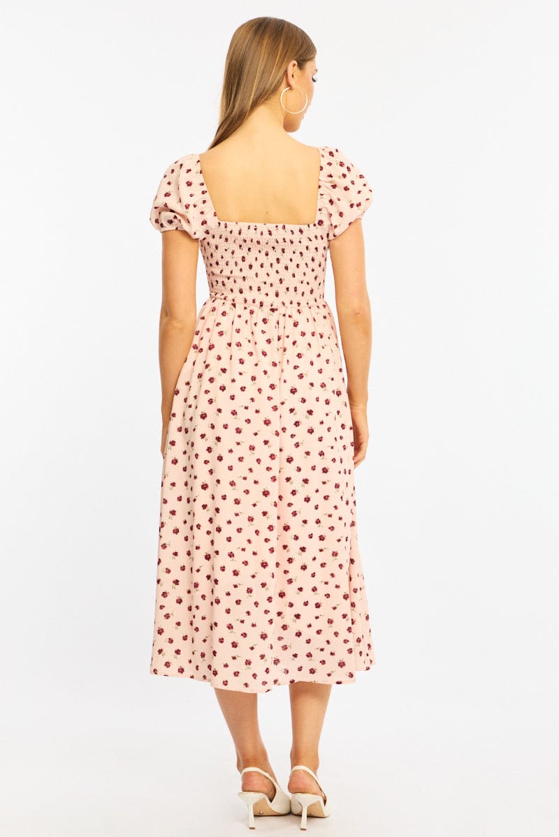 Pink Ditsy Midi Dress Puff Sleeve for Ally Fashion