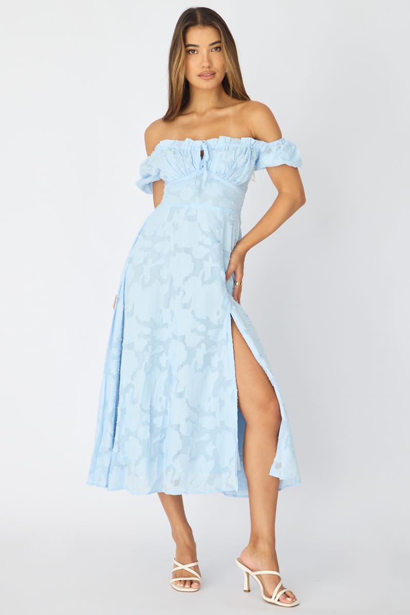 Blue Midi Dress Puff Sleeve for Ally Fashion