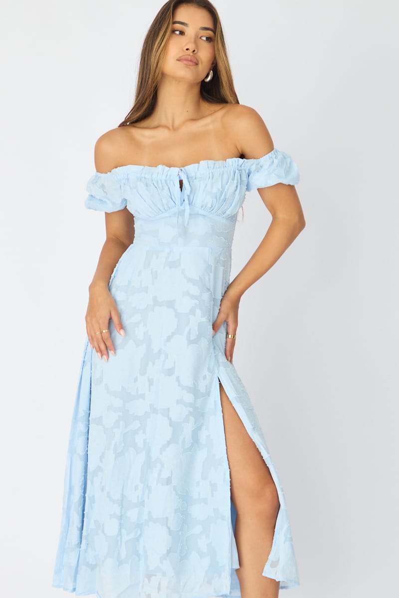 Blue Midi Dress Puff Sleeve for Ally Fashion