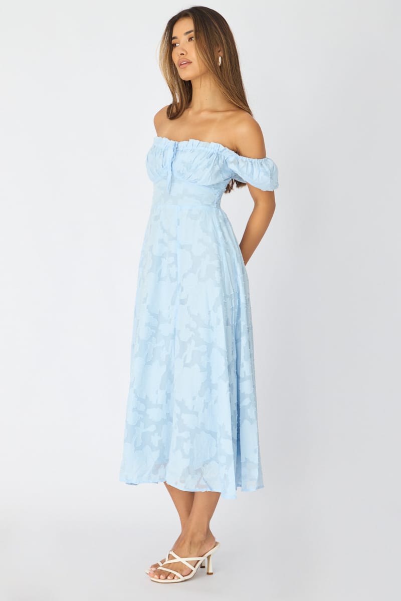 Blue Midi Dress Puff Sleeve for Ally Fashion