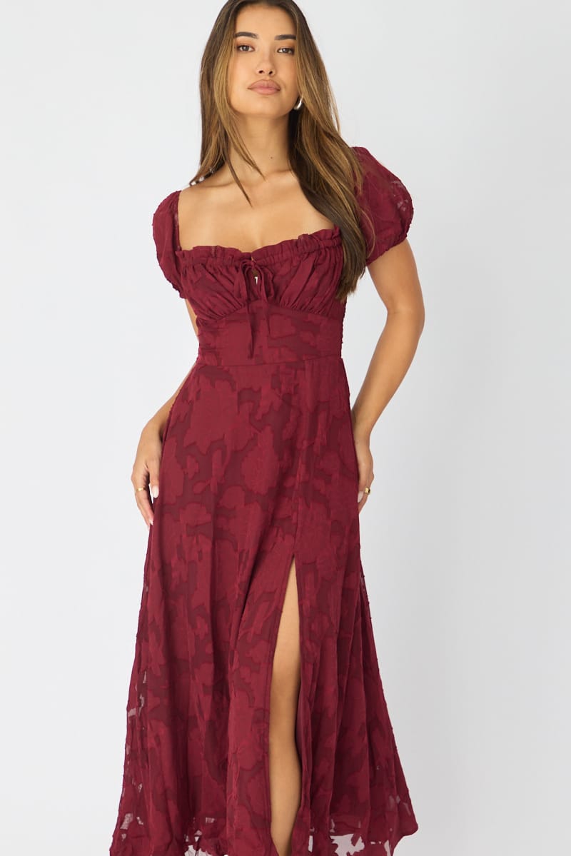 Red Midi Dress Puff Sleeve for Ally Fashion