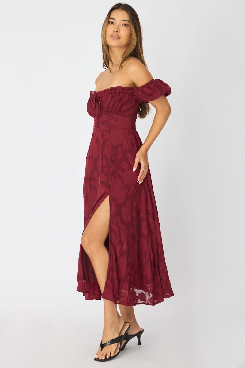 Red Midi Dress Puff Sleeve for Ally Fashion