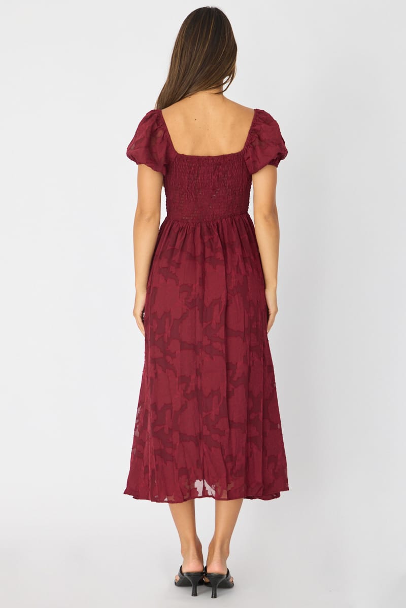 Red Midi Dress Puff Sleeve for Ally Fashion