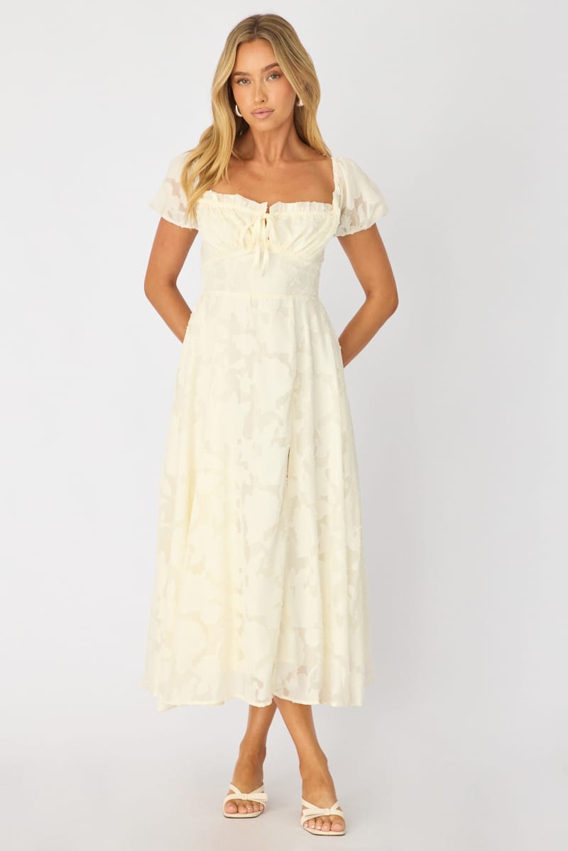White Midi Dress Puff Sleeve for Ally Fashion