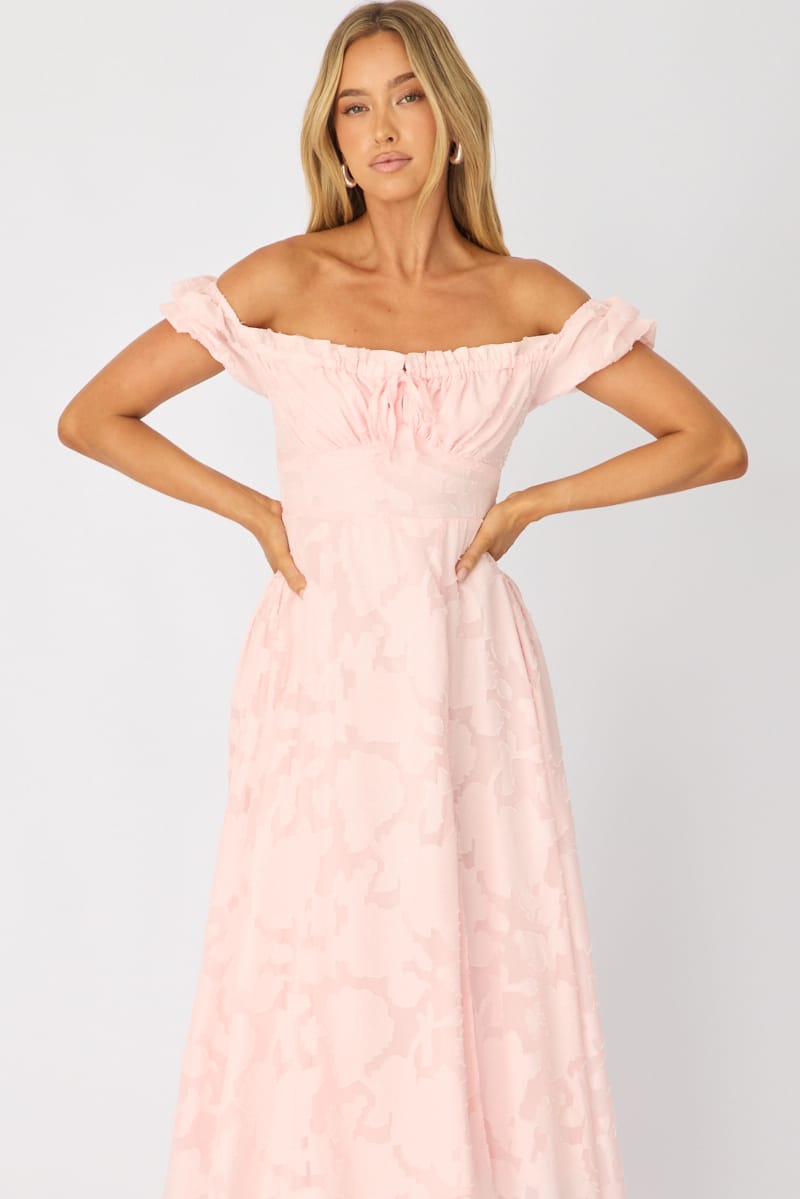 Pink Midi Dress Puff Sleeve for Ally Fashion