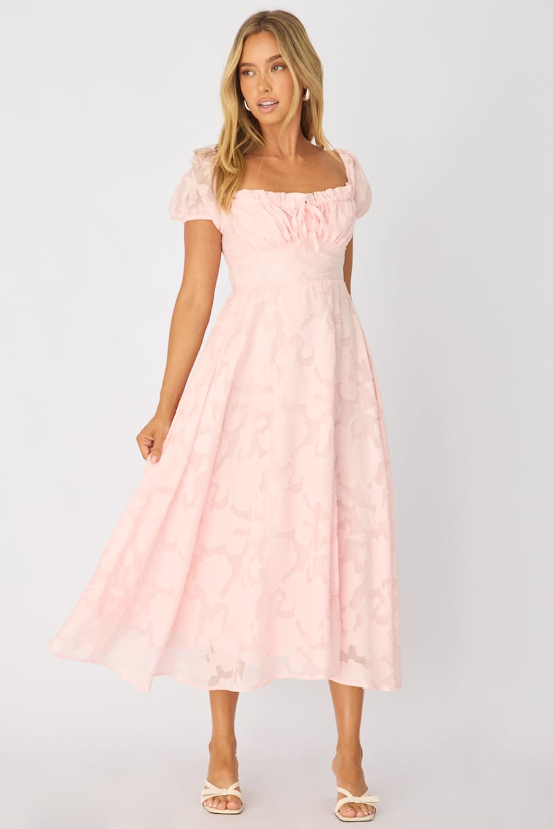 Pink Midi Dress Puff Sleeve | Ally Fashion Pink Midi Dress Puff Sleeve | Ally Fashion