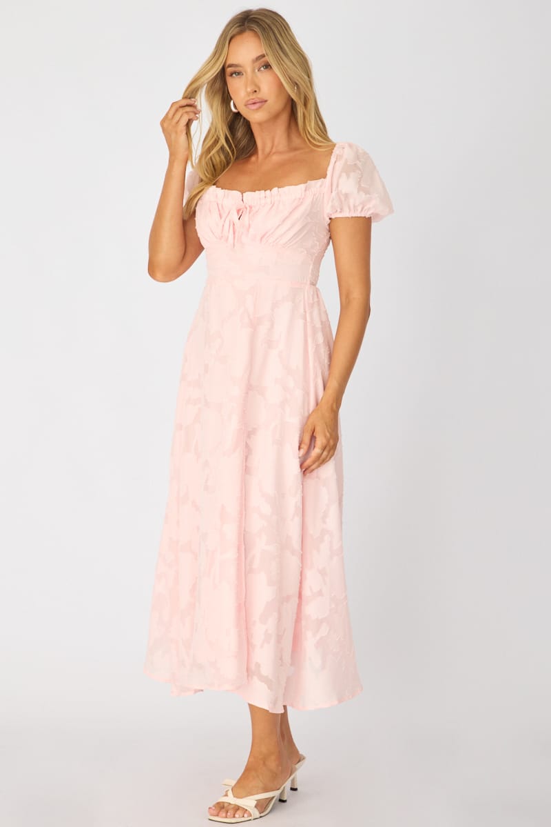 Pink Midi Dress Puff Sleeve for Ally Fashion